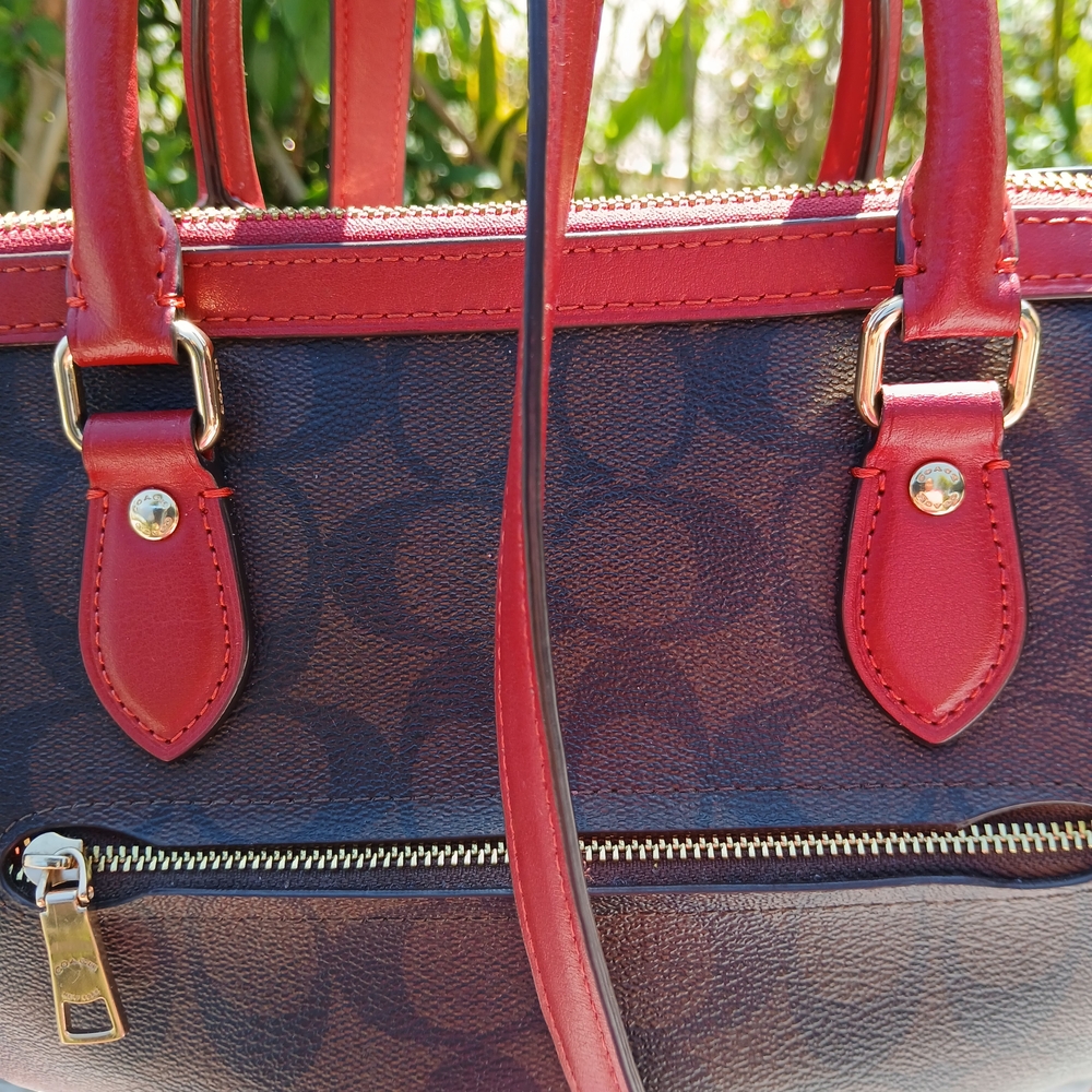Coach Red and Brown Satchel with Signature Design - Picture 6 of 7